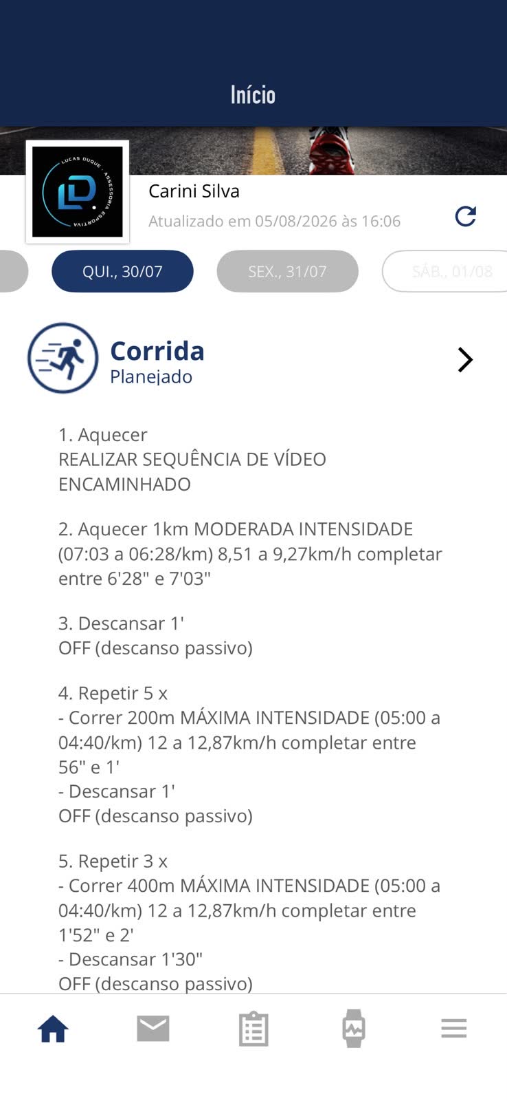 Tela do aplicativo Treinus com o plano de treino do dia