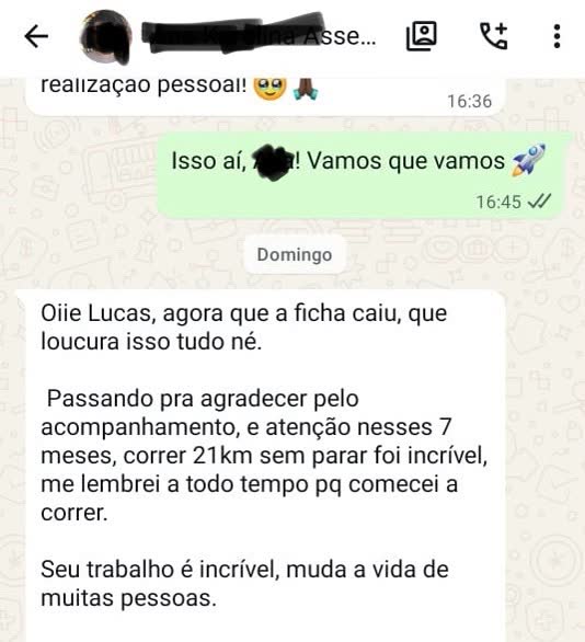 Print de depoimento de aluno da assessoria no WhatsApp